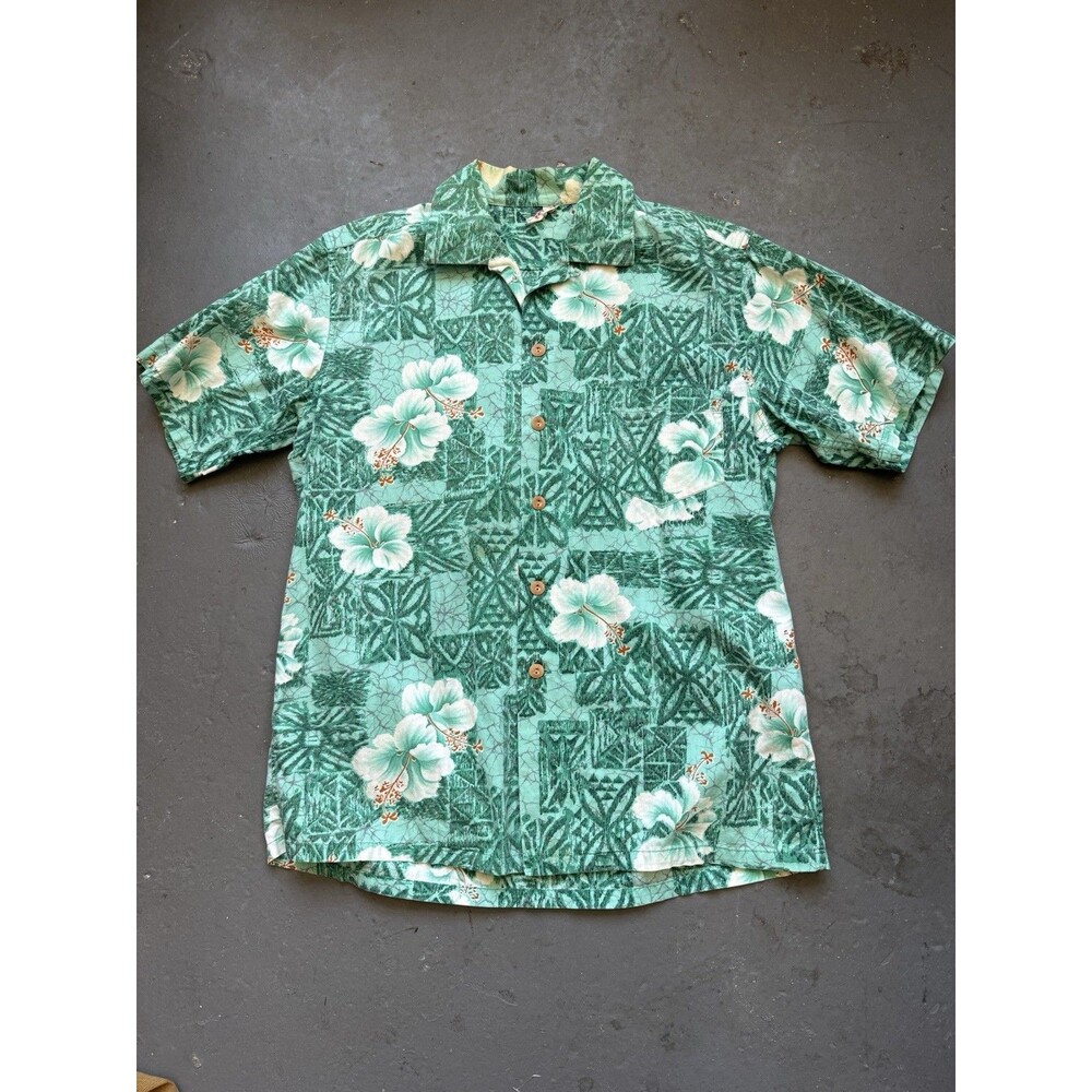 vintage 50s 60s Kamehameha Hawaiian Loop Collar Shirt  M Green Floral